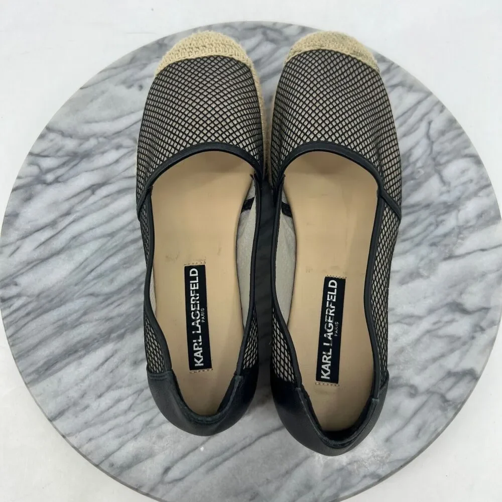 Karl Lagerfeld Womens 8 Shoe Black Adila Leather Mesh Platform Espadrille SlipOn